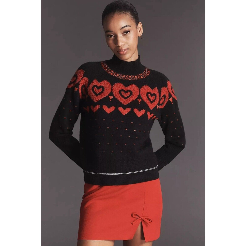NWT $158 Anthropologie Maeve Mock-Neck Metallic Heart Sweater Women’s M Wool Mix